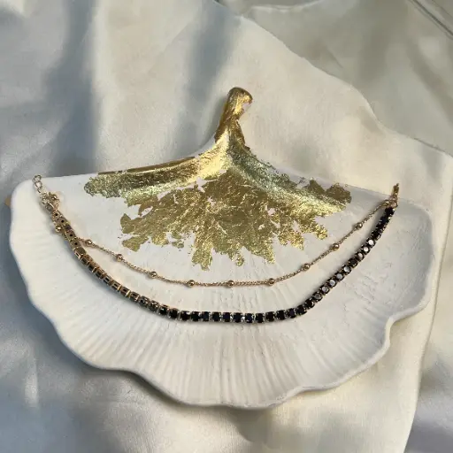 [A-008] Layered Black Stone & Gold Anklet