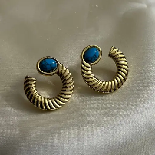 [E-019] Turquoise Stone Hoop Earrings
